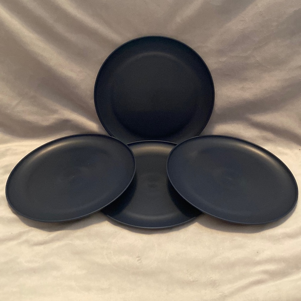NWT. Mainstays 10.5in plastic navy plates (4). Dishwasher & microwave safe.